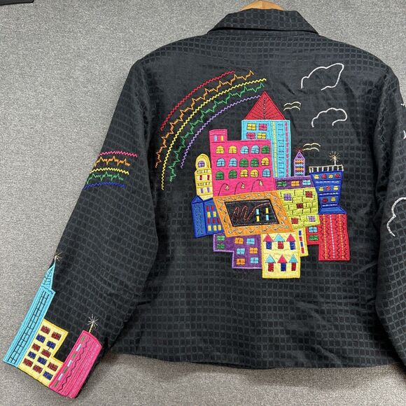 PUSHPA Vintage Blazer Women's Medium Colorful Sky Scraper Buildings Rainbow 90s - Picture 8 of 15